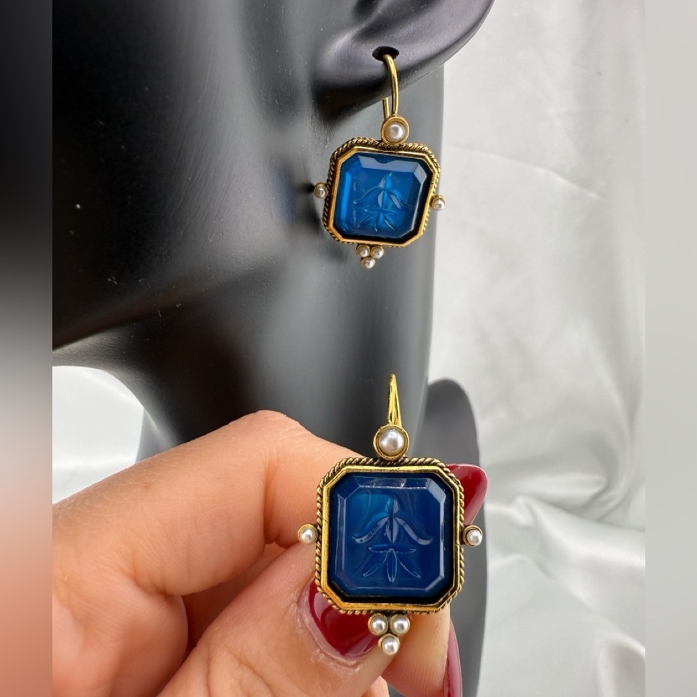Vintage blue Gem Drop Earrings – Gold Pearl Accent Dangles